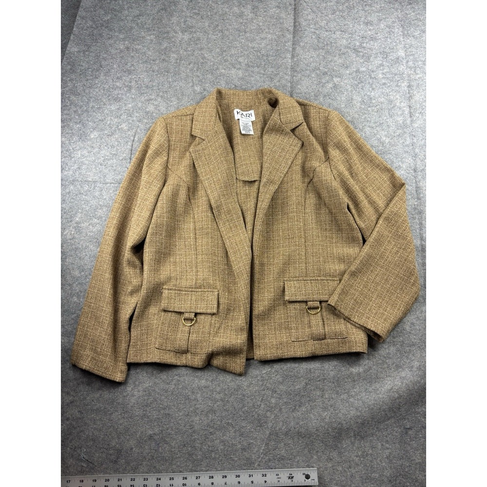 VTG 90s Kari NY Crop Blazer Tweed Brown Open Front Collared Old Money Women's 18